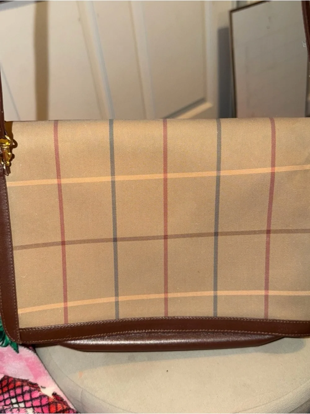 Burberry Tan Plaid Canvas and Brown Leather Messenger Bag